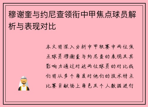 穆谢奎与约尼查领衔中甲焦点球员解析与表现对比