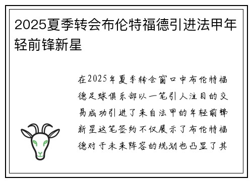 2025夏季转会布伦特福德引进法甲年轻前锋新星 2025夏季转会布伦特福德引进法甲年轻前锋新星