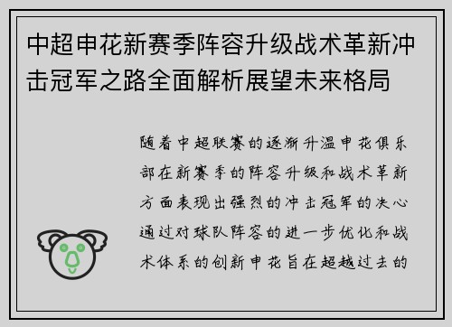 中超申花新赛季阵容升级战术革新冲击冠军之路全面解析展望未来格局 中超申花新赛季阵容升级战术革新冲击冠军之路全面解析展望未来格局